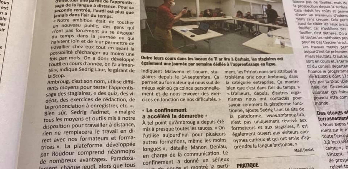 Apprendre le breton : Roudour évolue vers des formules hybrides. Le Poher Hebdo. 21/10/2020